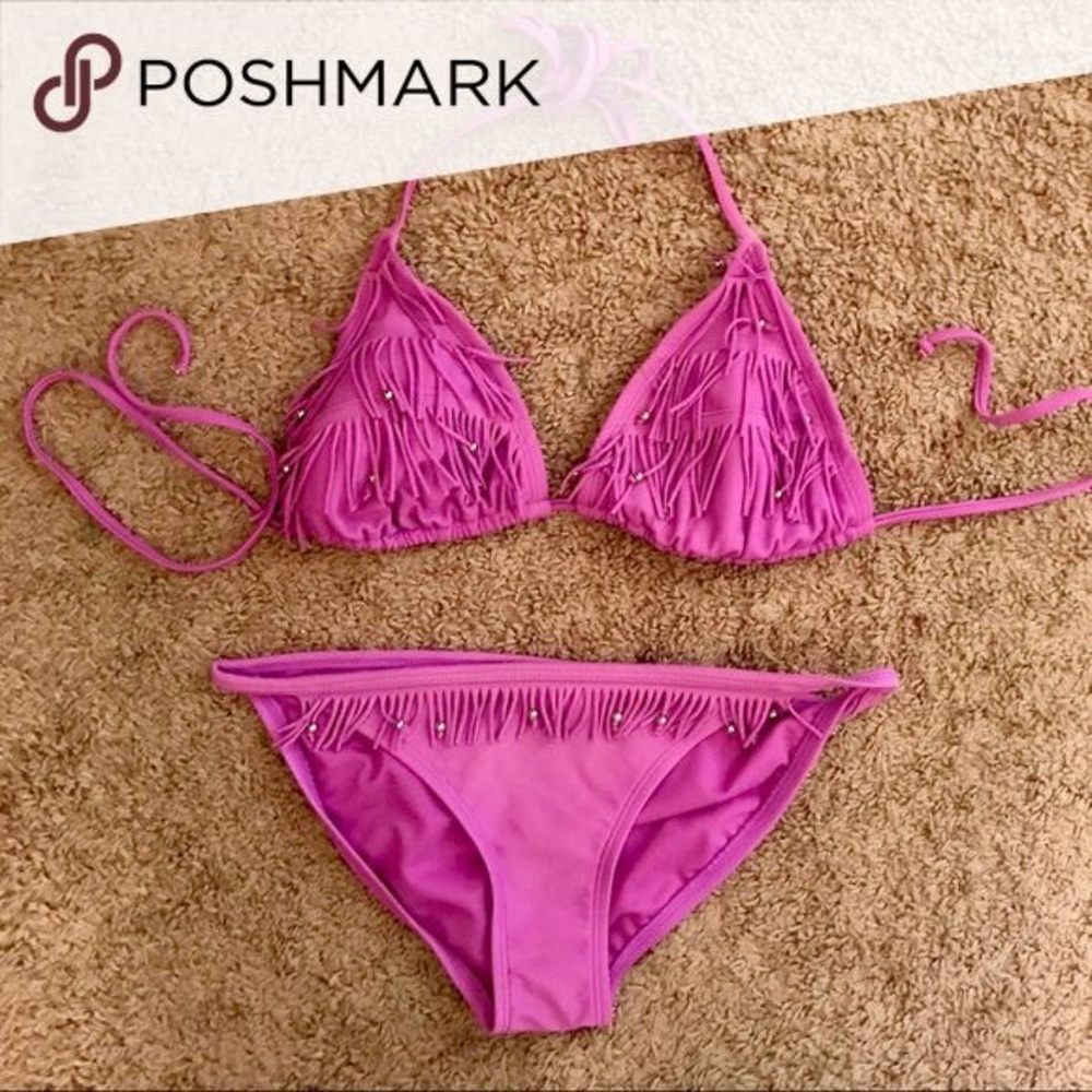 💜 purple fringe bikini with gold beads